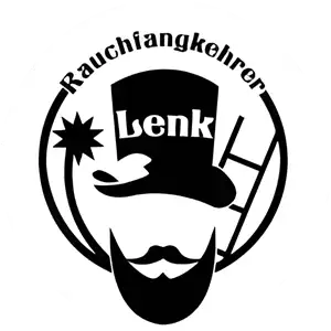 Logo Rauchfangkehrer Lenk, schwarzer Zylinder mit weißer Schrift in der Mitte die Lenk zeigt, darunter ein Vollbart und mit Schnauzer, links eine Kehrbürste und rechts eine Leiter. Das Gesicht wird von einem runden Kreis eingerahmt der oberhalb aus dem Wort Rauchfangkehrer besteht.