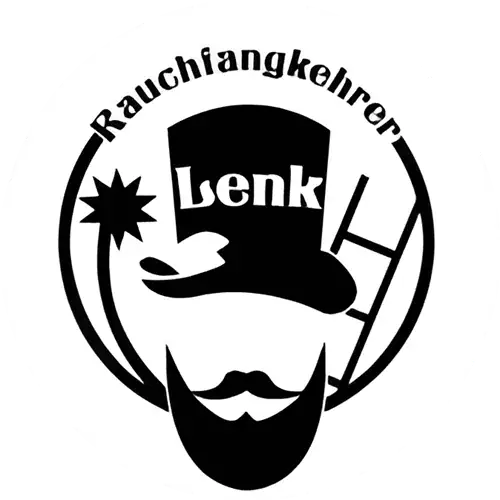 Logo Rauchfangkehrer Lenk, schwarzer Zylinder mit weißer Schrift in der Mitte die Lenk zeigt, darunter ein Vollbart und mit Schnauzer, links eine Kehrbürste und rechts eine Leiter. Das Gesicht wird von einem runden Kreis eingerahmt der oberhalb aus dem Wort Rauchfangkehrer besteht.