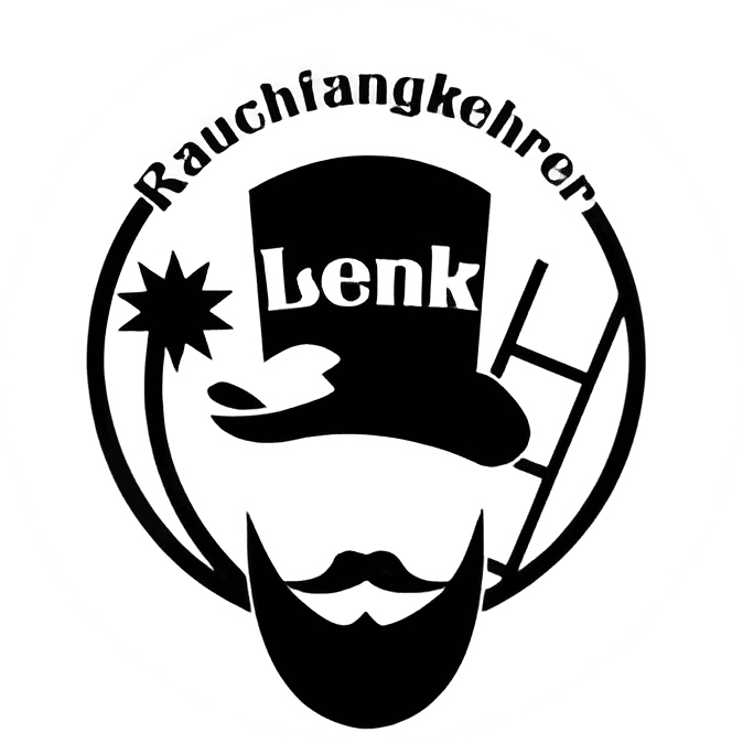 Logo Rauchfangkehrer Lenk, schwarzer Zylinder mit weißer Schrift in der Mitte die Lenk zeigt, darunter ein Vollbart und mit Schnauzer, links eine Kehrbürste und rechts eine Leiter. Das Gesicht wird von einem runden Kreis eingerahmt der oberhalb aus dem Wort Rauchfangkehrer besteht.