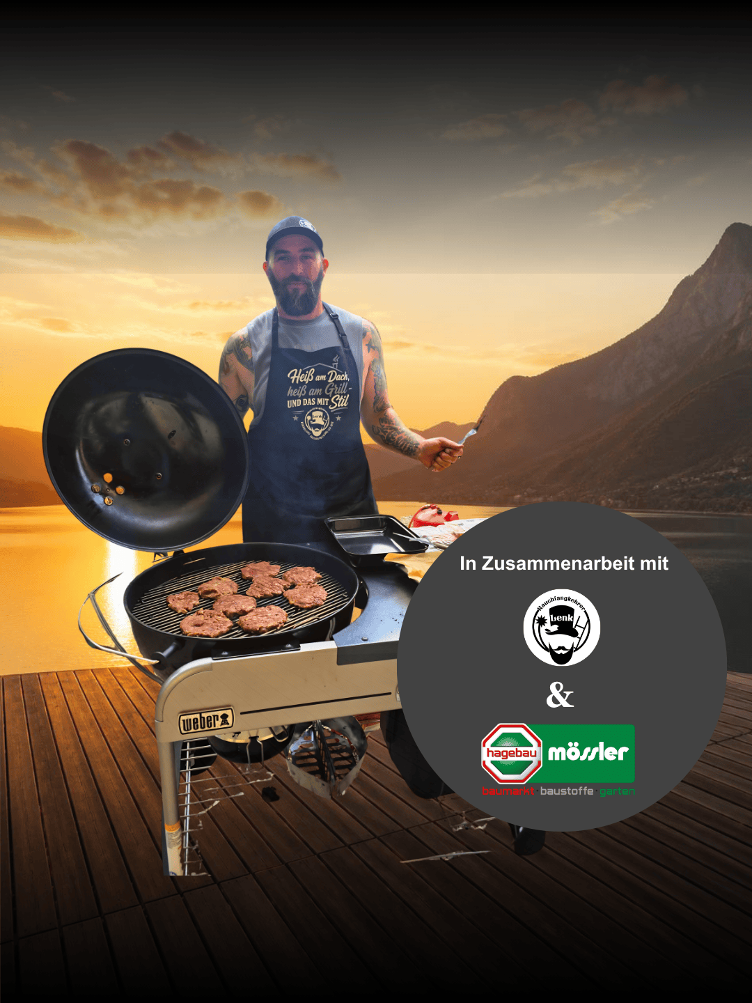 Rauchfangkehrer mit Grill vor See und Bergen